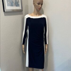 Lauren Ralph Lauren Blue and White Sheath Dress Long Sleeve Bateau Neckline